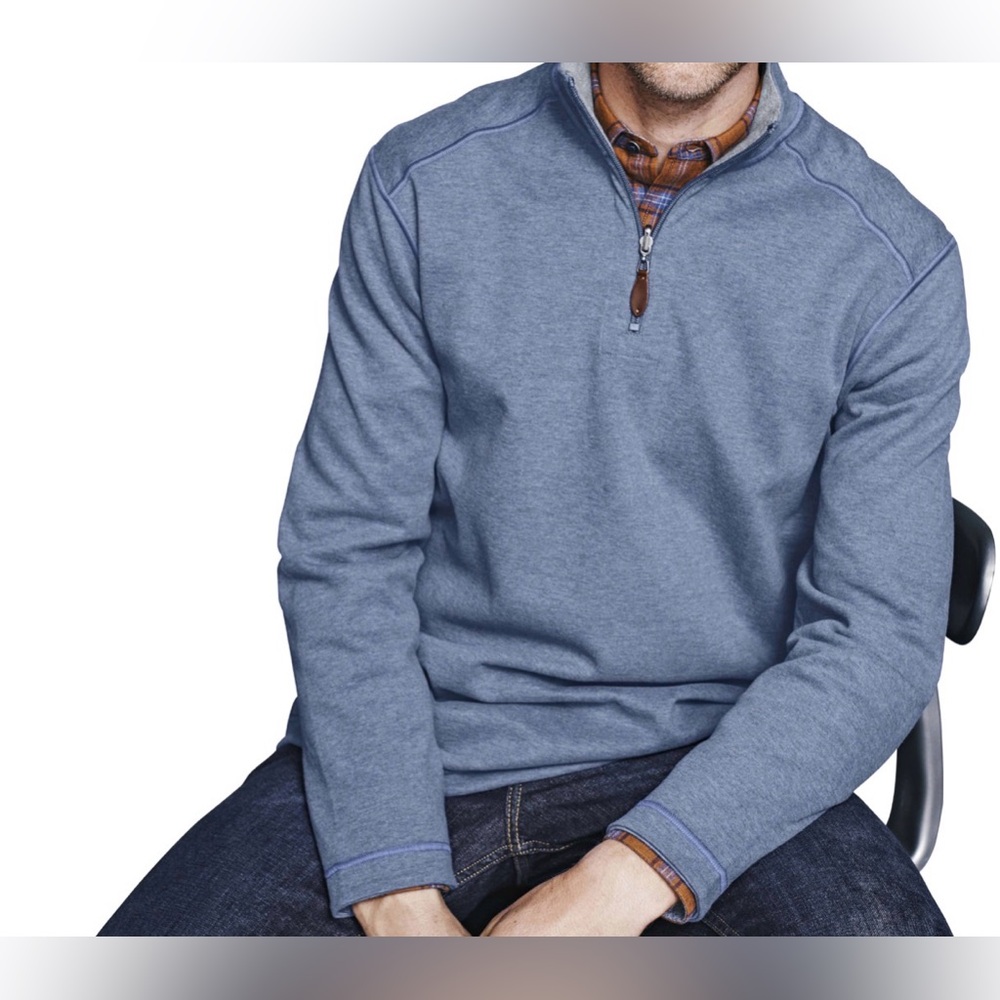 JOHNSTON & MURPHY REVERSIBLE SOLID QUARTER-ZIP BLUE/LIGHT GRAY
